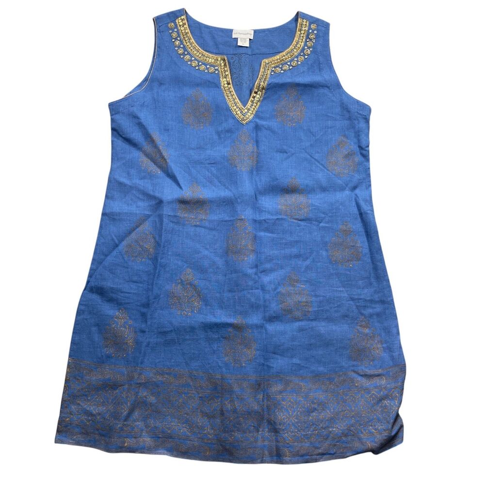 Soft Surroundings XL 100% Linen Blue Gold Sequined Dress Side Zipper‎ Sleeveless